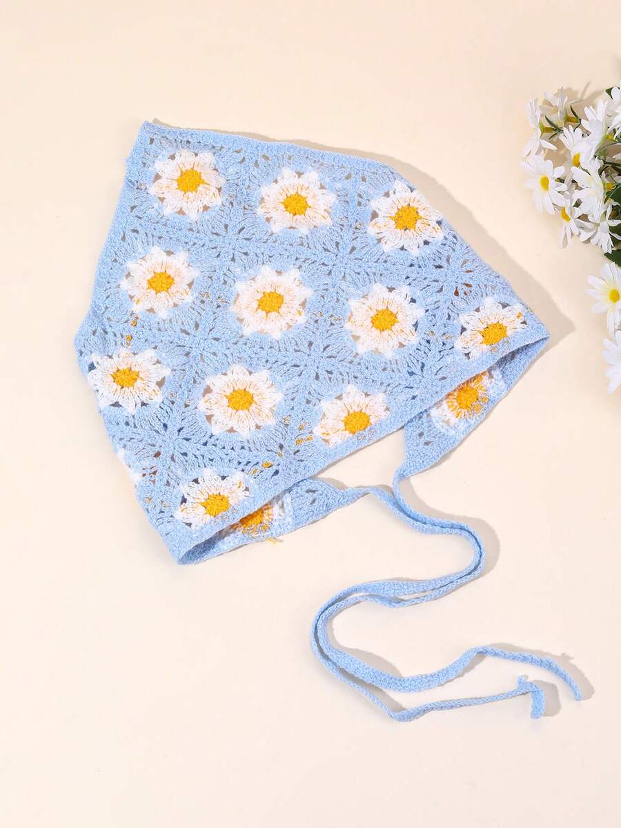 1pc/2pcs Girls Daisy Headband, Triangular Scarf Headband, Elegant Crochet Hair Accessories For Teens - Blue - View 1