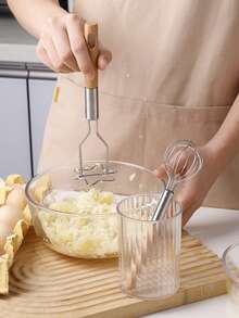 1pc Multifunctional Stainless Steel Wood Handle Masher, Potato Ricer For Vegetables And Fruits Kitchen Tool - Multicolor - View 4