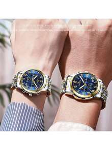 FNGEEN 2pcs/Set Couple Watch With Gold Stainless Steel Strap Roman Scale Blue Dial Calendar Display 50m Waterproof Quartz Watch For Men And Women Precise Timekeeping Japan Imported Quartz Automatic Movement - High-Quality Built-In Long-Life Japan Battery With Small Dial Decoration Valentine's Day Gift Wedding Souvenir - Blue - View 2