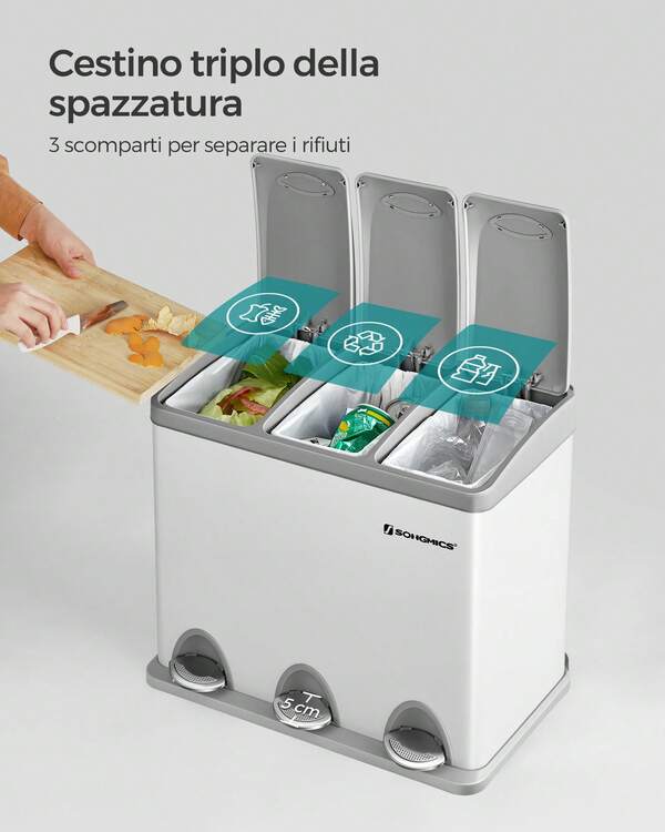 Pattumiera da cucina, pattumiera da 3 x 8 l, piccolo volume, coperchi, pattumiera tripla in acciaio, per piccole famiglie, pedali e secchi, facile da pulire, Bianco e Grigio, Ritorno a Scuola