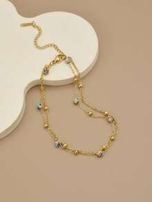 1pc Double Layer Sparkling Blue Rhinestone Beaded Stainless Steel Anklet/Bracelet For Women (Handmade Chain, Bead Quantity May Vary, Actual Length Prevails) - Yellow Gold - View 4