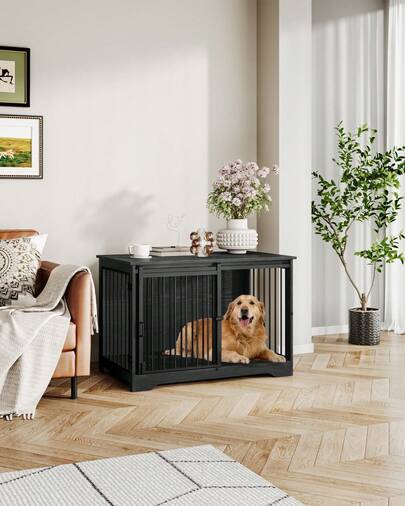 Dog Crate Furniture, 39.4" Double Door Dog Crate With Barn Door, Dog Kennel Indoor, End Side Table Wooden Dog Crate For Small Medium Large Dog, Anti-Chew Anti-Escape