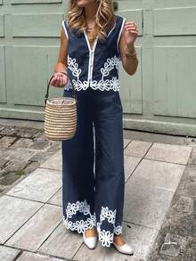 PoPoHouse 女士两件套波西米亚风刺绣蕾丝无袖上衣和阔腿裤套装 - 藏蓝色 - 查看 7