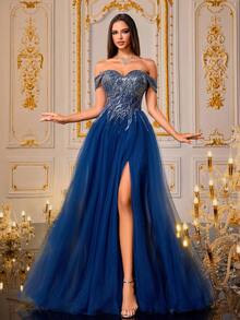 VIPGIRL Royal Blue Sequin Off Shoulder Tulle Evening Gown With High Slit, Elegant Princess Style Long Prom Dress, Luxury Formal Dresses For Women, Gala Party Outfit, Dreamy Ball Gown, For Wedding Guest - Navy Blue - View 5