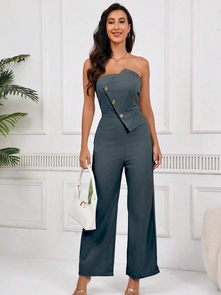 Mameluco Moderno de Tirantes: Botones Metálicos y Diseño Asimétrico ¡Estilo Único para Mujer con Silueta Acentuada! - Gris - Añade 6
