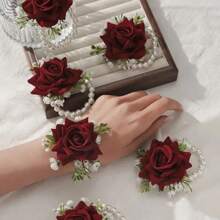 1pc Elegant Rose Flower Garland And Wrist Flower Wraps With White Gypsophila & Faux Pearl Chains, Perfect For Wedding Decor, Birthday Decorations, Bride Supply, Graduation Gifts And Party Decor