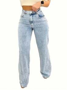 Solid Color Wash Blue High-Waisted Jeans, Loose Diagonal Pocket Zipper Button Open And Close Jeans, Women's Jeans And Clothing