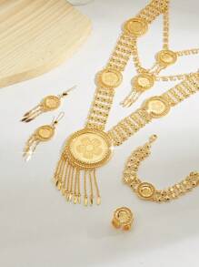 Mgyi Gold-Colored Copper Fashionable And High-End Luxury Retro Jewelry Set For Women,14K Gold Plated Elegant Luxury Square Design Necklace, Earrings, Bracelet, Ring For Women, Suitable For Nigeria, Dubai, Middle East, Saudi Arabia Bridal Wedding, Daily Wear, Wedding Anniversary Gift, Halloween Gift For Friends