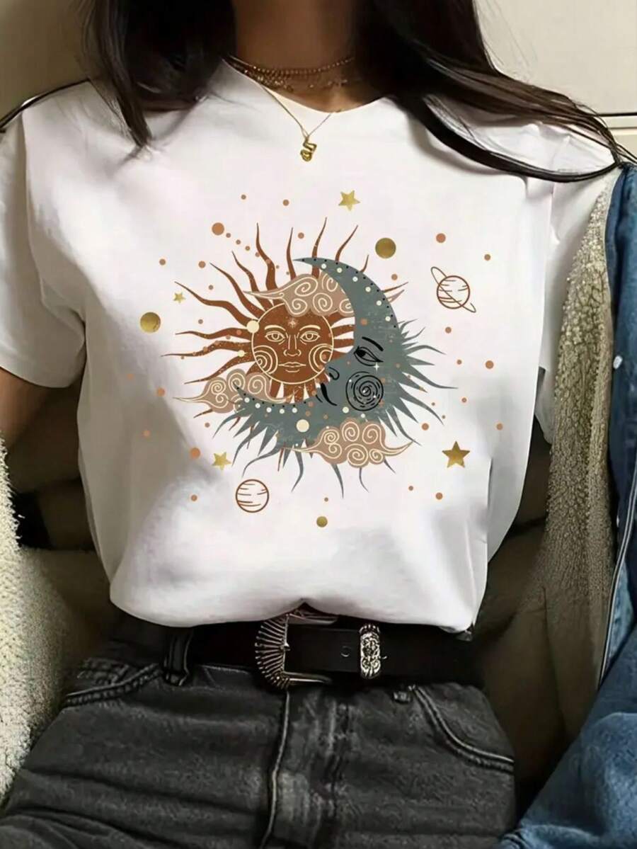 Women's Moon And Sun Shirt Casual T-Shirt Style 100% Cotton Comfortable - trắng - Xem 1