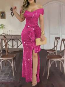 Elegant Off Shoulder Solid Color High Slit Lightweight Ruffle Hem Metallic Glitter Dress, Valentine's Day Gift Summer - Hot Pink - View 3