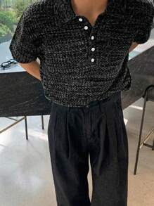 Men's Solid Color Short-Sleeved Single-Breasted Daily Casual Loose Knit Top