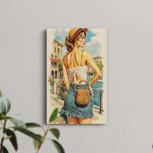 1 Pc Canvas Painting,Woman, Straw Hat, Backless Top, Denim Skirt, Cross - Body Bag, Waterfront, Buildings, Illustration Lily Flower, Art Nouveau, Wall Art, Framed Painting, Interior Decor, Armchair, Floor Rug,Wood Framed Painting (1) Thickness 2.5 Cm/ 1 Inch-Home Decoration For All Occasions,Ideal New Year, Valentine's Day,Thanksgiving,Easter,Christmas Gift,Room Decoration Aesthetic,Wall Decoration Art,Perfect Gift,Autumn And Winter Wall Decoration,Living Room Decoration, Bedroom Decoration, Kitchen Decoration, Entry Decoration, Bathroom Decoration, Direct Wall Painting, High Quality Wall Painting Poster,Modern Home Decoration Stretched And Framed Ready To Hang - Mint Blue - View 1