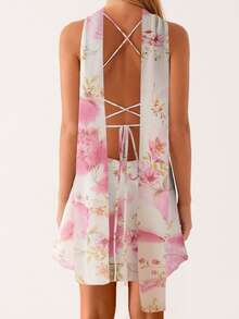 Women Y2k Floral Mini Dress Flower Halter Sheer Mesh Tie Back Short Dresses Summer Party Dress With Scarf - trắng - Xem 3