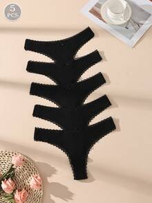 5pcs/Pack Black Sexy Lace Patchwork Thong Panties, Cute Bow Decor, Soft Cotton Breathable Women's Underwear
