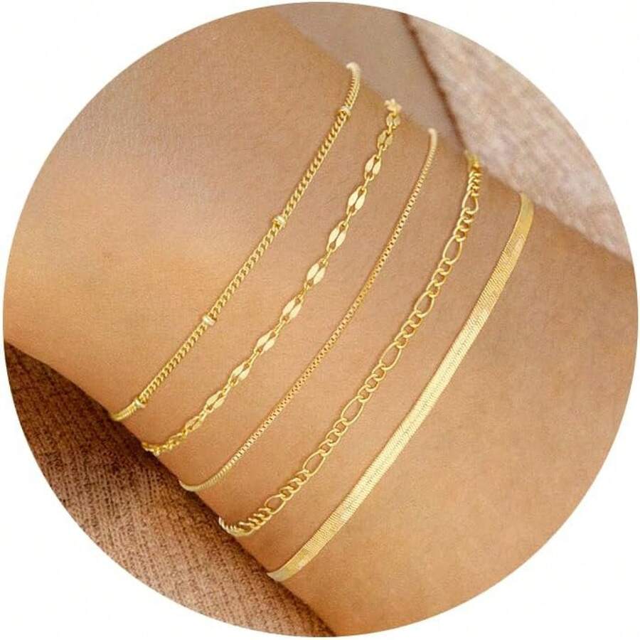 MBW Gold Bracelets Women, Dainty 14K Gold Plated Bracelet Stack Beaded Chain Bracelet Set Thin Small Cute Paperclip Bracelets Fashion Waterproof Jewelry Gold Accessories Women - 樣式2 - 查看 1