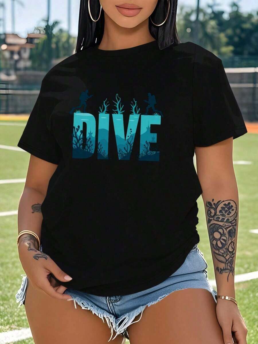 DIVE With Scuba Divers And Corals Women's Plus Size Sports Short Sleeve Casual T-ShirtLoose Round Neck Short Sleeve T-Shirt Comfortable Summer Summer Leisure First Choice - Black - View 1