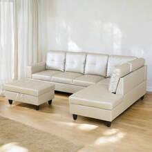 Bright Light Grey Leather Sectional Couch For Living Room/Dinning Room Set,Sectional Sofa L Shape Couch With Storage Ottoman/Facing Right Chaise - Bright Light Grey - View 2