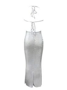 Backless Draped Neck Tied Strap Glittering European & American Style Dress - Silver - View 2