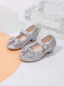 女童金色亮片高跟鞋 26-36码 | 闪亮玛丽珍派对鞋，饰有花朵和搭扣 | 适合选美比赛、花童、圣诞节和特殊场合的优雅高跟鞋