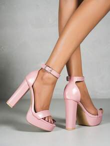 时尚防水厚底绑带凉鞋，性感露趾优雅高跟鞋，粗跟设计 - 粉色 - 查看 6