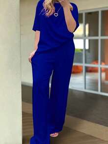 Plus Size Women Spring/Summer Popular Outfit,Casual Solid Color Round Neck Short Sleeve Top And High Waist Pocket Wide Leg Pants Set - Blue - View 1