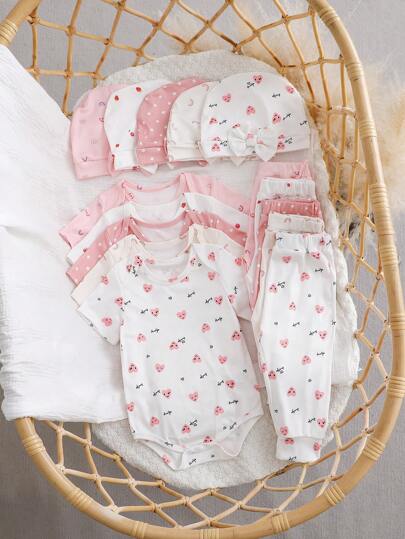 Summer Baby Girls Digital Print Short Sleeve Romper + Long Pants + Hat 3pcs Set Newborn Outfit