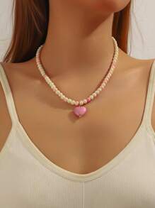 1pc Fashionable Minimalist Glass Bead Necklace With ABS Plastic Heart Charm, A Gift Or Everyday Wear