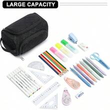Estuche de Lápices de Gran Capacidad, Organizador Multifuncional con Compartimentos, Bolsa de Papelería Simple para Viaje, Bolsa de Lápices de Tela para Hombres, Mujeres, Niñas y Niños (Negro) - Negro acolchado - Ver 3