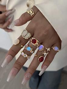 9pcs Set Asymmetrical Hollow Heart Rhinestone Faux Gemstone Star Burst Design Chunky Rings, Cute Stackable Fashionable Elegant Vintage Style, Suitable For Holiday, Party, Date, Daily Wear, Gift - Yellow Gold - View 11