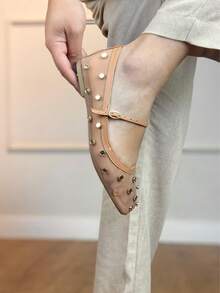 ANGELA GALVÃO Autumn Winter Slipper Shoes Transparent Mesh With Golden Embellishments Elegant Comfortable - 臉紅 - 查看 7