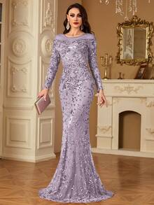 hezixi 舒适，适合各种体型，透视圆领长袖亮片修身鱼尾裙摆设计，风格独特，女士正式舞会礼服/晚礼服 - 淺灰紫 - 查看 5