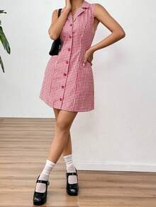 Vintage kariertes ärmelloses Minikleid für Damen mit Kragen