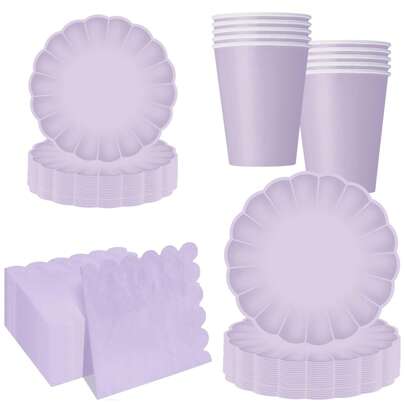 10pcs/20pcs/40pcs/50pcs/Set, Fan Shaped Paper Plate 9 Inch 7 Inch Shell Edge Disposable Dinner Tray Paper Cup Paper Towel Birthday Wedding Party Decoration (Light Purple) Mother's Day Gift Wedding Birthday Party Supplies Daily Picnic Camping Tray