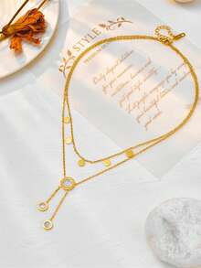 1 件双层不锈钢雕刻圆盘镀金链项链 - 白金多層 - 查看 3