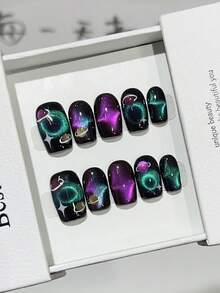 10 Stücke Sommer süße coole Y2K Katzenaugen-Acryl-Aufnägel kurz quadratisch, handgemacht mit Gelee-Kleber und Nagelfeile, DIY Nagelkunst Zubehör für Valentinstag, Musikfestival, Schule, Reisen, handgemachte Aufnägel - Verschiedenfarbig - Übersicht 2