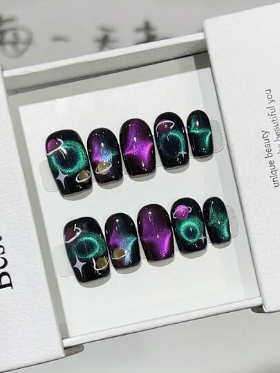 10pcs Summer Sweet Cool Hot Girl Y2K Cat Eye Handmade Acrylic Press On Nails Short Square Fake Nails With Jelly Glue And Nail File, DIY Nail Art Supplies For Valentine's Day Music Festival School Travel Handmade Press On Nails