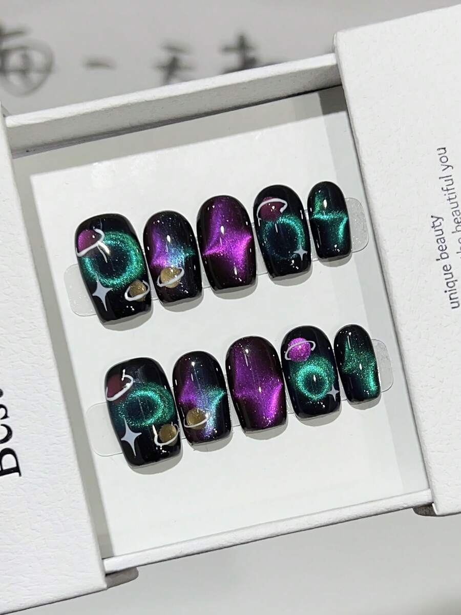 10 Stücke Sommer süße coole Y2K Katzenaugen-Acryl-Aufnägel kurz quadratisch, handgemacht mit Gelee-Kleber und Nagelfeile, DIY Nagelkunst Zubehör für Valentinstag, Musikfestival, Schule, Reisen, handgemachte Aufnägel