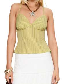 Y2K Spaghetti Strap Tank Top For Women Striped V Neck Camisole Tops Teen Girls Cute Summer Going Out Tops - 綠色 - 查看 7