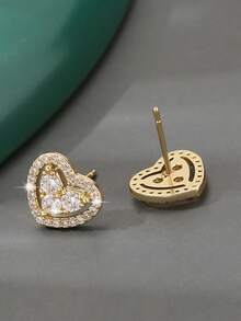 1 Pair Luxury Copper Heart Stud Earrings, Sweet & Versatile, Birthday Gift For Girls