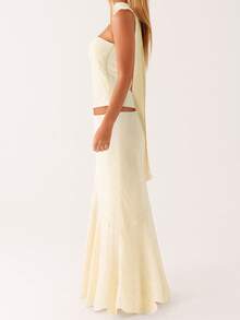 Women Skirt Set, Strapless Backless Tube Top With Long Skirt And Scarf Floral/Solid Summer Outfit - 黃色 - 查看 2