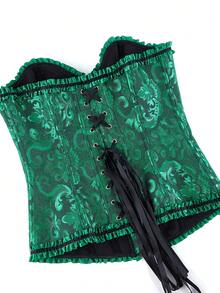Blusa corta sin mangas con volantes y atar, camisa elegante con botones para mujer, disfraz de Halloween vintage - Negro Verde - Ver 6