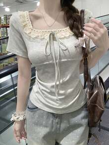 Summer Korean Style Pure Ruffled Collar Splice Tie Short Sleeve Cropped T-Shirt For Women Casual - Gray - View 3