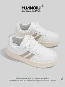 HUANQIU 2025新款女鞋登山鞋女士运动鞋厚底运动鞋网面透气小白鞋百搭轻便舒适系带软底休闲鞋跑步鞋白色四季鞋 - 米色 - 查看 4