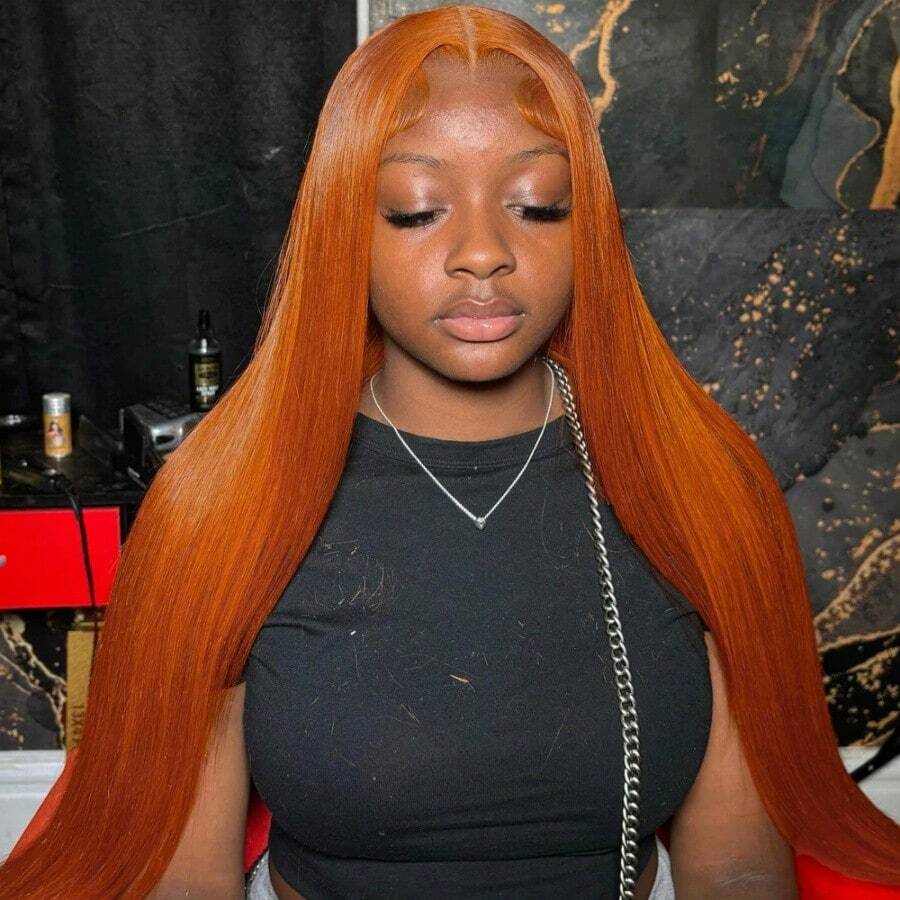 34 Inch Straight Orange Ginger Lace Frontal Wigs Human Hair 350 Colored Brazilian 13X4 HD Transparent Lace Front Wigs 200% Density For Women - S350 - Xem 1