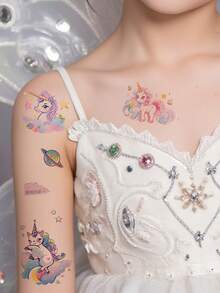 6Pcs Unicorn Glitter Sticker Temporary Tattoo Colorful Cartoon Waterproof Sweatproof Disposable For Children Face, Arm, Waist, Chest, Leg, Abdomen, Neck, Hand, Finger, Back, For Party, Stage Performance, Children's Day, Modernist Body Art - Multicolor - View 3
