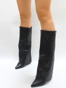 Fashion Rhinestone Detail Women's Boots For Daily Wear - Black - View 3