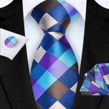 3-Piece Set: 8cm Necktie, Pocket Square & Cufflinks, Plaid Striped Geometric Pattern, High-Quality Classic & Fashion Business/Casual Necktie Set, Men's Wedding/Holiday/Party Gift