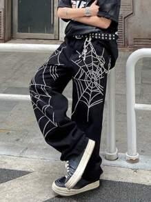 1pc Men Black Loose Wide-Leg Y2K Streetwear Hip Hop High Street Heavy Embroidered Washed Denim Jeans Pants, Suitable For Casual Outing Wear