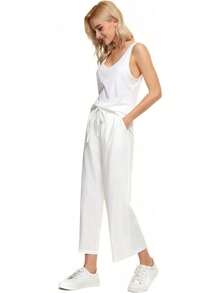 Womens Wide Leg Linen Pants High Waisted Drawstring Flowy Casual Crop Trousers With Pockets Back To School Halloween Christmas New Year - 深藍色 - 查看 9