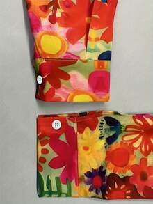 彩色印花休闲衬衫 - 单排扣长袖翻领上衣 - 四季居家、外出、办公穿着